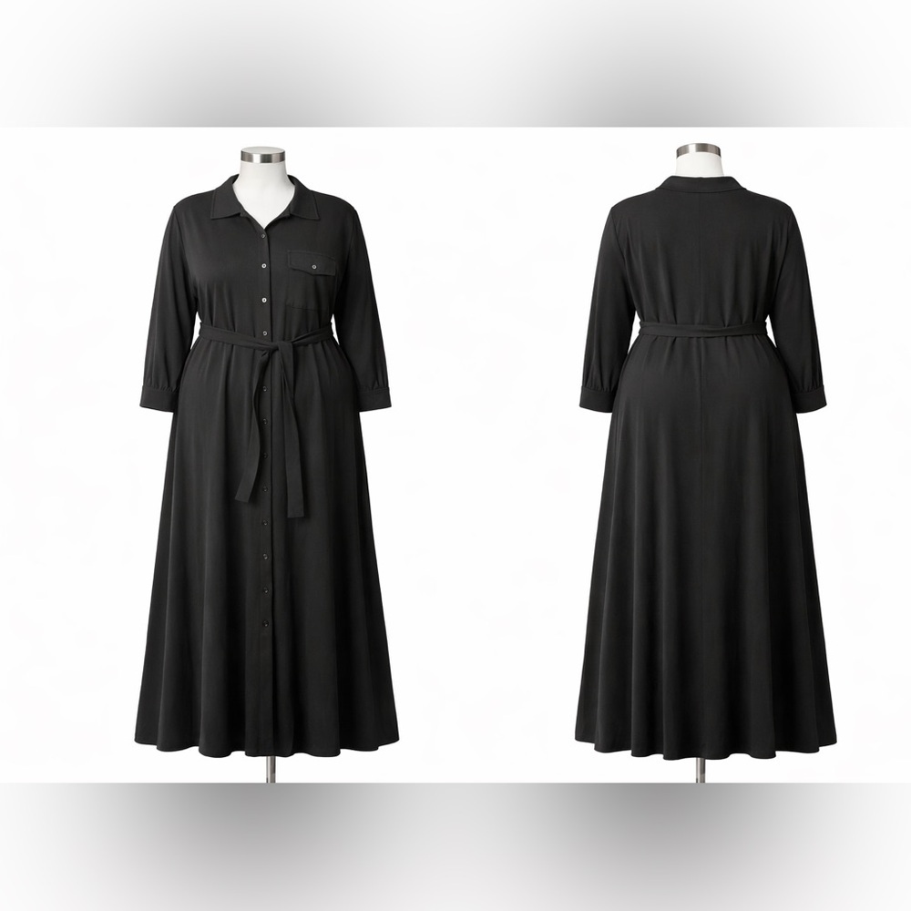 Marina Rinaldi Haven maxi Black Long Sleeve shirt dress belted button front 2X